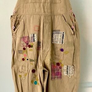 Blue Velvet Embroidered Patchwork Khaki Overalls